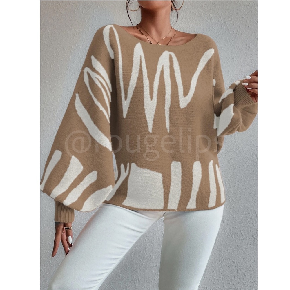 Knit Graphic Pullover Sweater Off White Tan Camel Bishop Sleeve - Picture 4 of 11